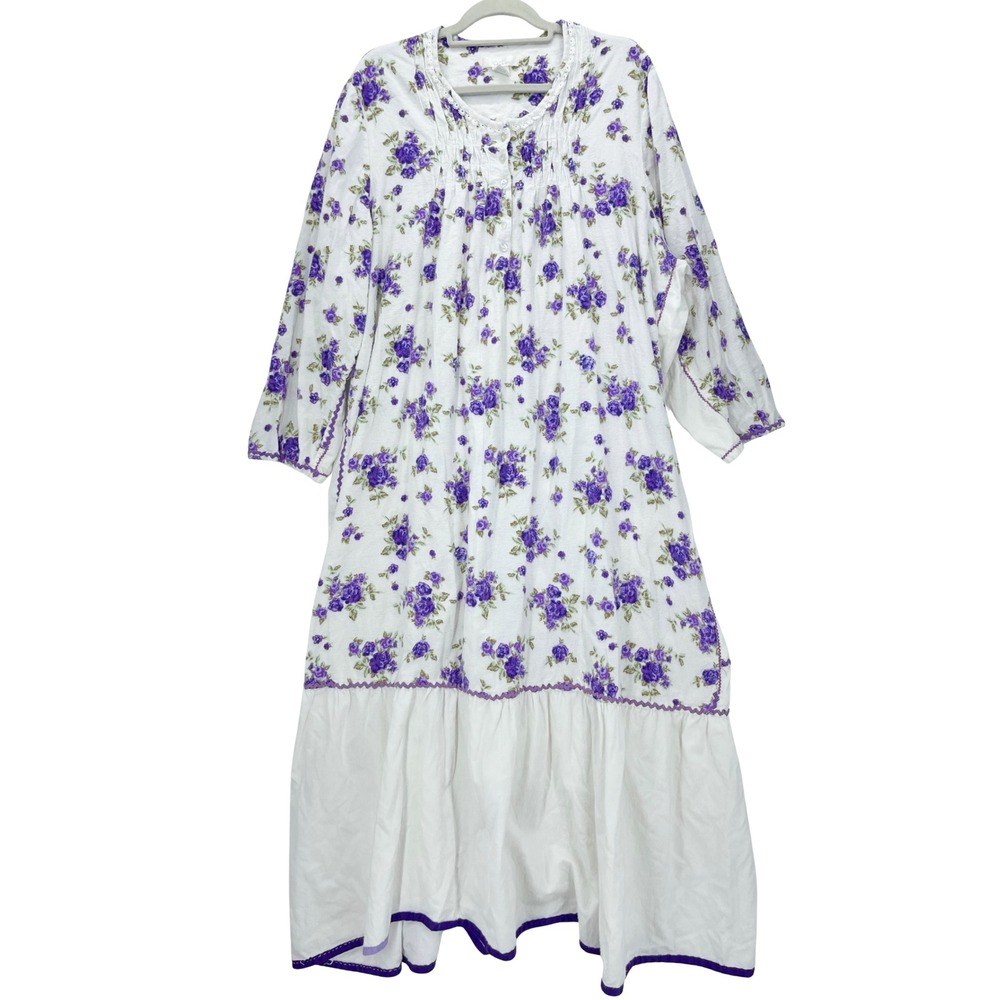 White Purple Floral Nightgown XXLG Modified Hand Sewn Maxi Flannel Plus Curvy